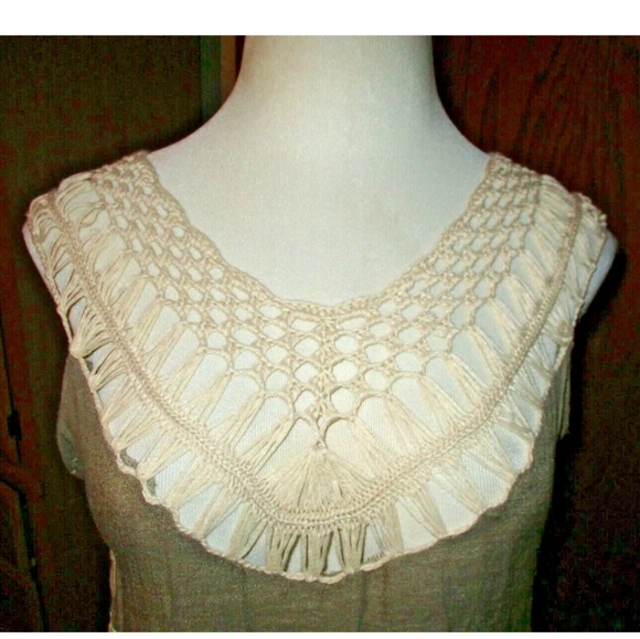 UMGEE Taupe Cream Fringe Lace Gypsy Hippie Bold Unique Flowy Flare Tank Top M - Picture 2 of 5